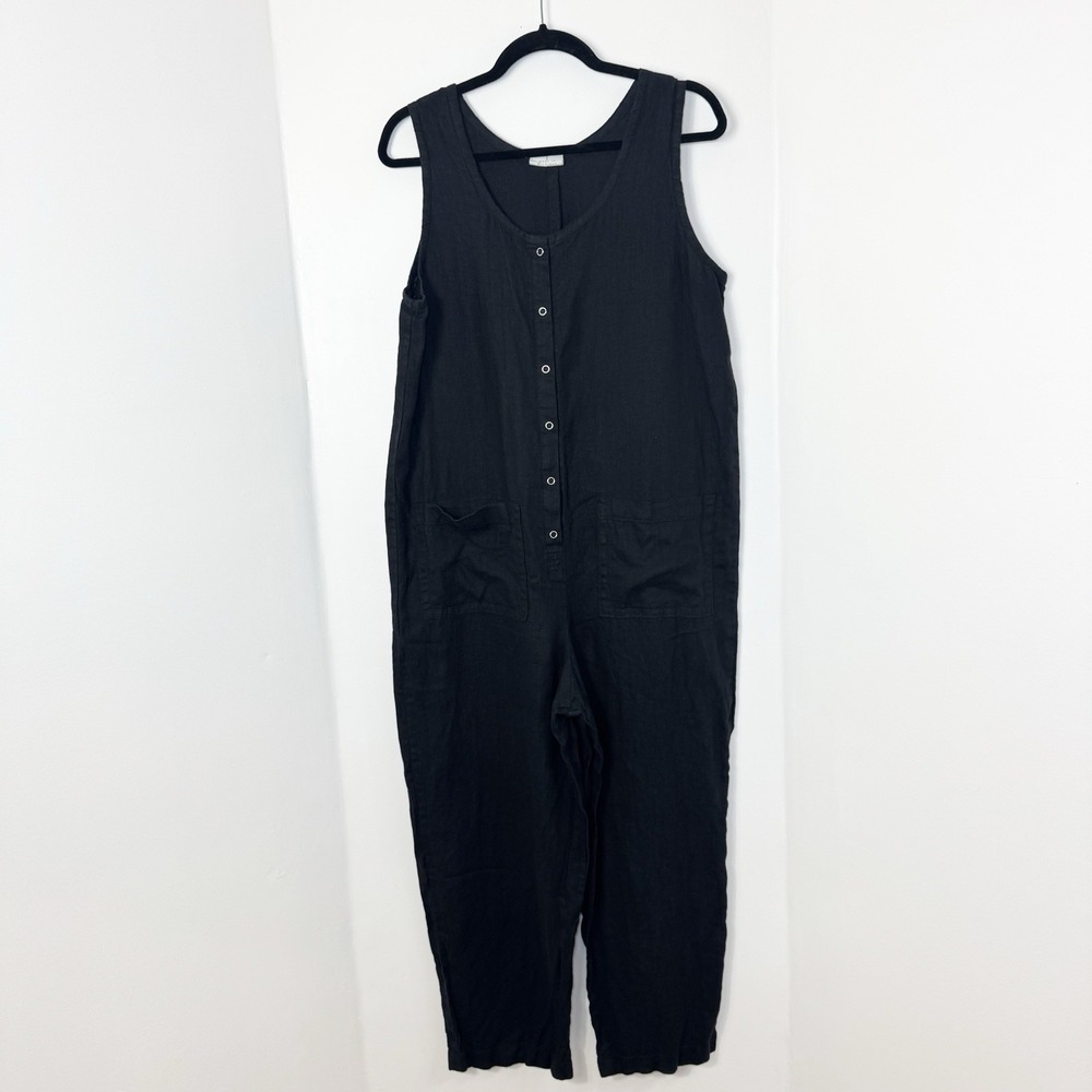 Conscious Clothing 100% Linen Jumpsuit Women L Black Sleeveless Snap Front USA
